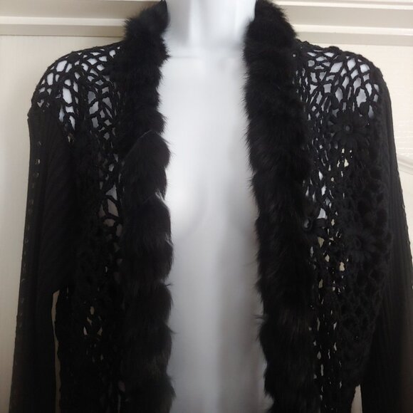 Ruby Cho Black Floral Knitted Faux Fur Sweater Sequin Open Front Romantic XL - Picture 3 of 16